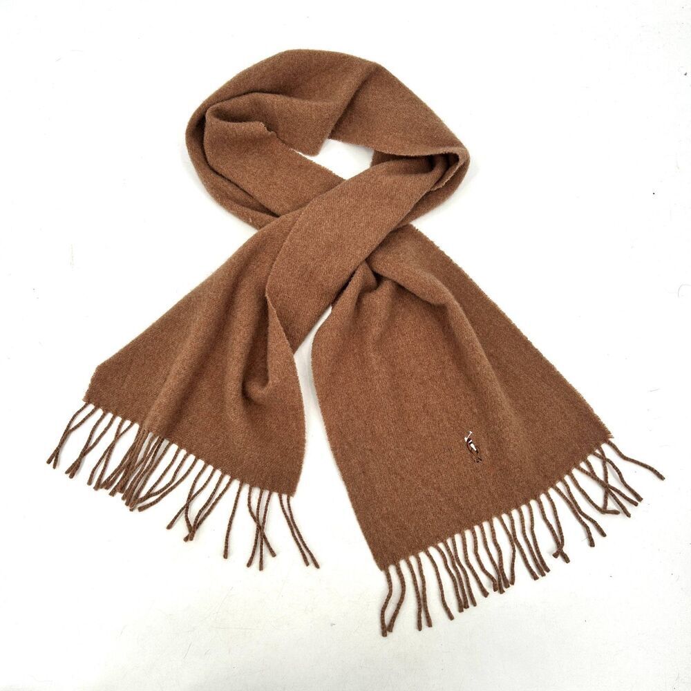 POLO RALPH LAUREN Vintage Brown 100% Lambs Wool Embroidered Pony Fringe Scarf